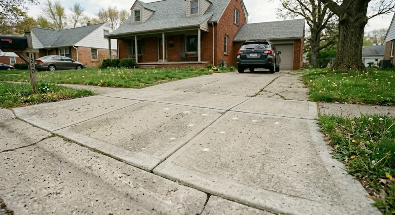 Concrete driveway slab leveled flush with adjacent panels after polyurethane foam lifting in West Michigan