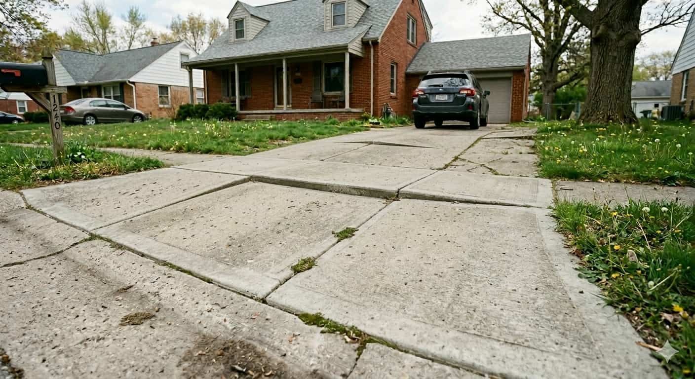 Sunken concrete driveway slab with significant settlement before leveling in West Michigan