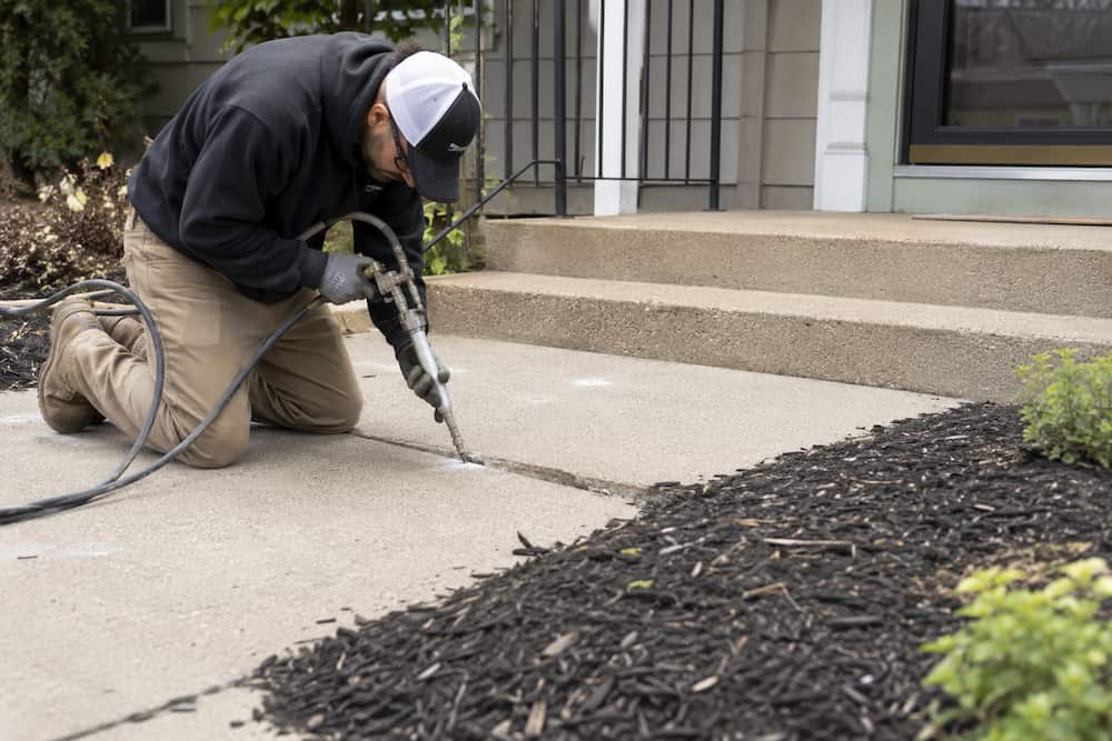 Concrete leveling technician injecting polyurethane foam beneath a sunken sidewalk slab next to a porch in West Michigan
